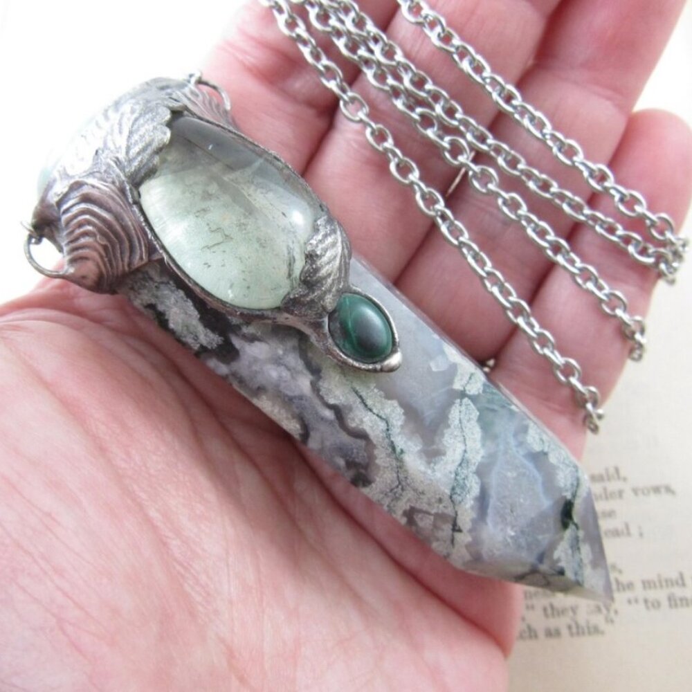 Big Stunning Moss Agate, Green Amethyst, Malachite Garnierite Crystal Necklace